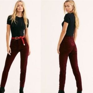 FP We The Free Stella Wine Velvet Pants High Rise Skinny Fly Butrons Size 26